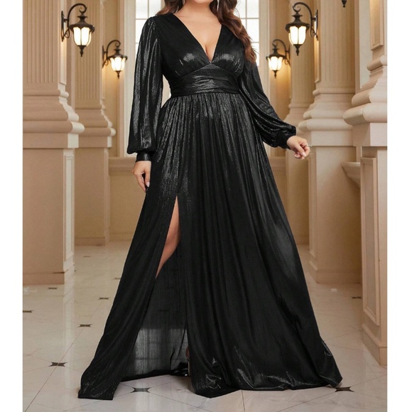Plus Plunging Neckline High Waisted Split Thigh Wedding Party Formal Dress - Picture 7 of 9